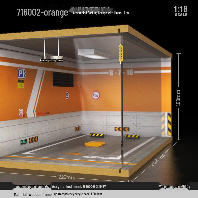 1/18 Wooden Parking Garage Model with Lighting and Dustproof Ornaments