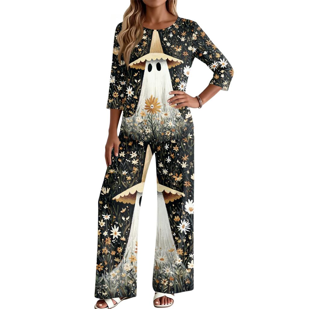 Women's Casual Round Neck Loose Fit Three-Quarter Sleeve Top and Pants Set for Everyday Wear