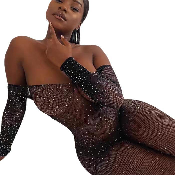 European and American Women's Sexy Open Crotch Long Sleeve Mesh Bodysuit