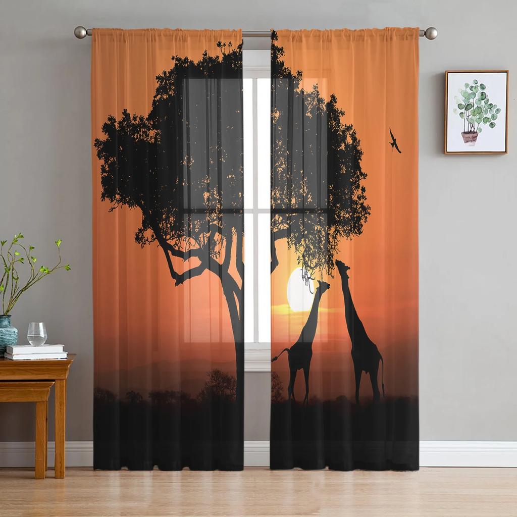 Dusk Elephant Giraffe Sun Christmas Tree Fine Netting Transparent Drapes Perfect for Living Room Decoration Window Panel Curtain for Bedroom Voile
