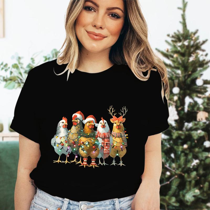 Festive Fashion Tshirt Women Merry Christmas Chicken Cartoon Tshirts Country Life Lovers Christmas Party Gift Essential Tops