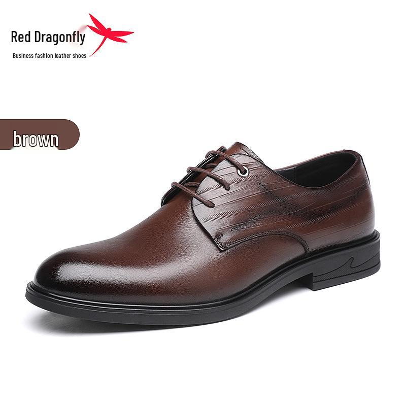 Red Dragonfly Men's Leather Business Shoes - Genuine Cowhide Soft Sole, Ideal for Spring/Autumn Office or Wedding.