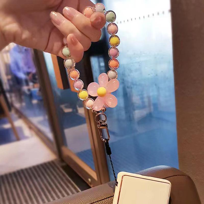 INS Candy Color Mobile Phone Lanyard Wrist Strap Women Girls Korean Beaded Flower Bracelet Anti-lost Case Bags Keys Pendant