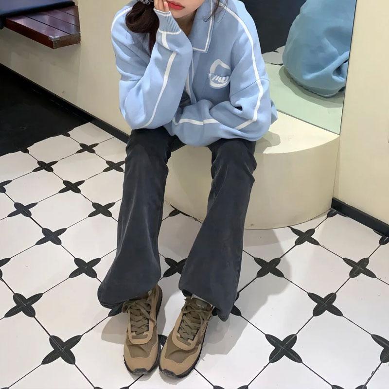 

Korean Polo-Neck Fashionable Zipper Coats Autumn Winter Contrasting Colors Female Clothing Spliced Casual Loose Knitted Jackets S синій