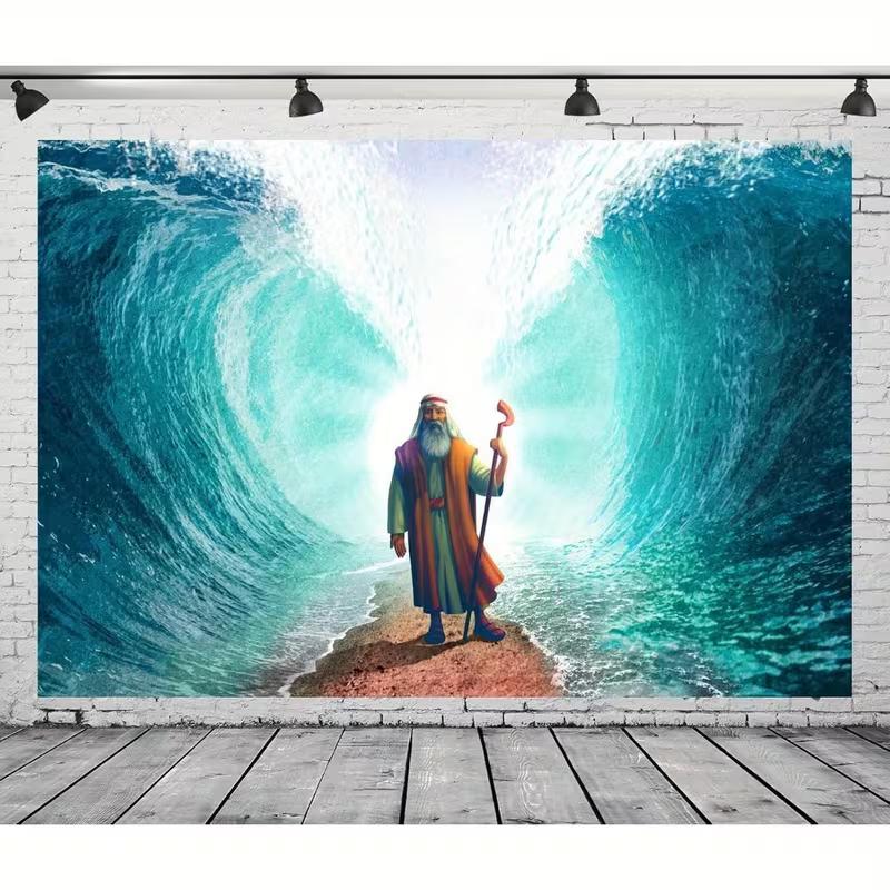 2D Moses & Wunder am Roten Meer Wandteppich, Christliche Bibelgeschichte Wandbehang für Schlafzimmerdekoration
