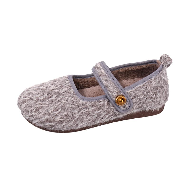 Autumn and winter Mary Jane fluffy shoes women's gray velvet thickened non-slip flat shoes French retro gentle cotton shoes