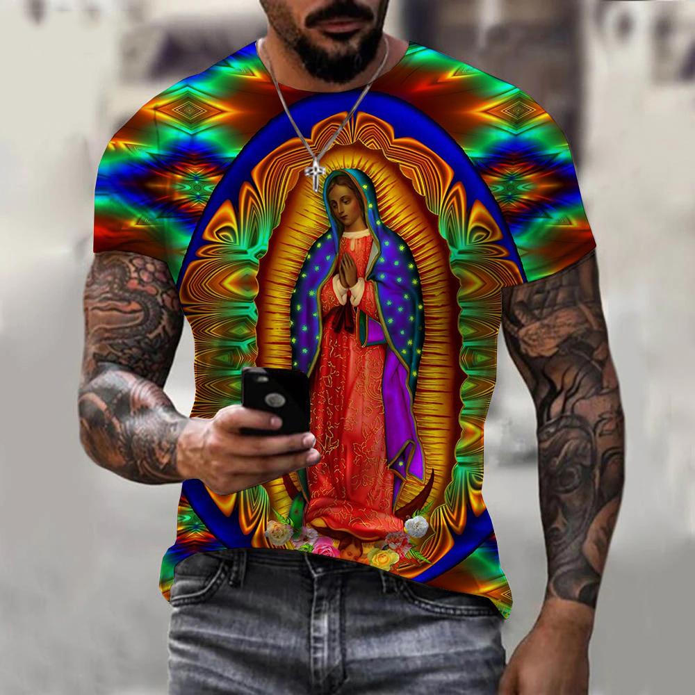 Summer Round Neck 3D Guadalupe Virgin Mary Catholic Print Top Fashionable Casual Short Sleeved Men's T-shirts