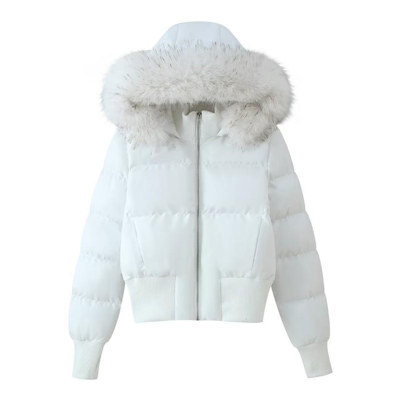Womens Winter Hooded Cotton-Polyester Jacket With Faux Fur Trim Casual Coat Short Length