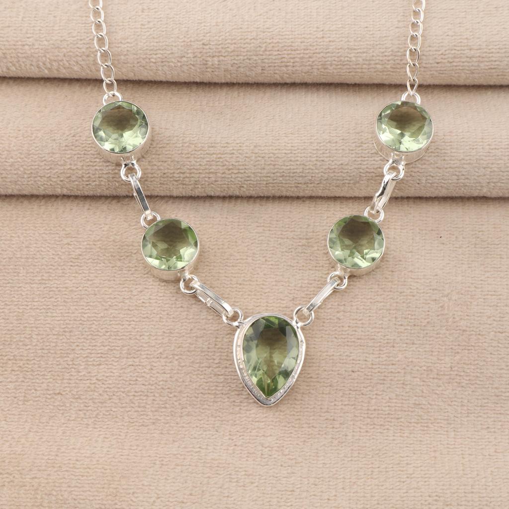 Green Amethyst Gemstone Silver Handmade Necklace16-18" 925 Sterling Silver Women Jewelry Gift For Birthday RN-3-14
