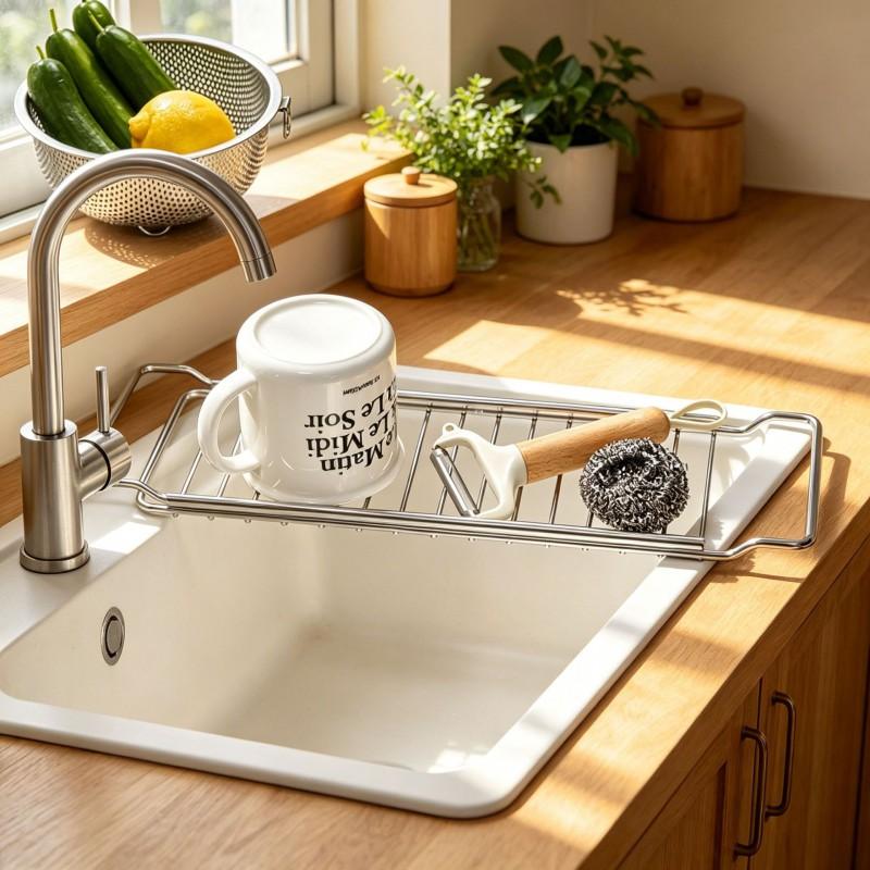 Adjustable Stainless Steel Sink Drainer Rack Kitchen Countertop - Large Capacity Dish Drying Organizer