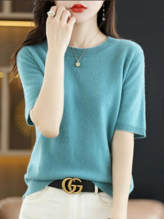 Women's Knitted Short Sleeve Spring/Summer Pullover Sweater - Round Neck, Lightweight, Half Sleeve.