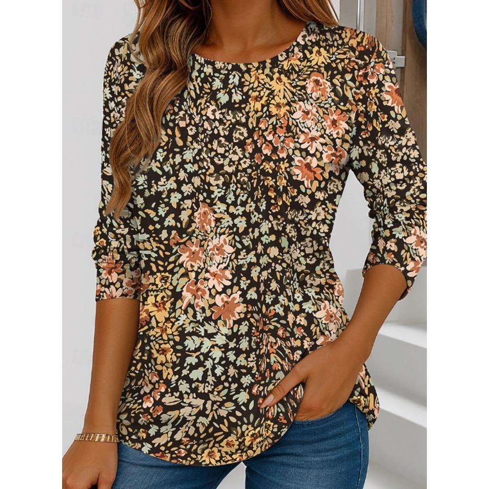 Hauts pour Femmes Imprimé Floral Col Rond Manches Longues T-shirt Automne Décontracté Ajusté Pull Haut à Manches Longues pour Femme