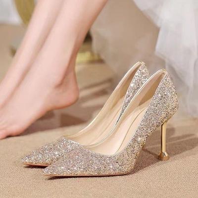 New Women Pumps High Thin Heel Metal Pointed Toe Shallow Sexy Ladies Bling Bridal Wedding Women Shoes White High Heels