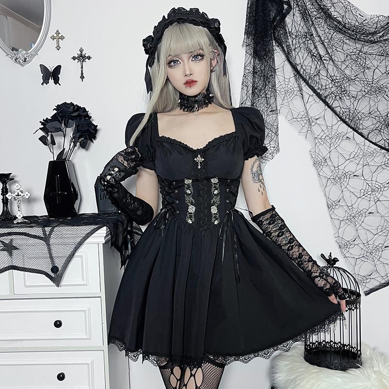 Goth Gothic Vintage Princess Dress Women Dark Lace Up Cross Corset Streetwear Partywear Lolita Female