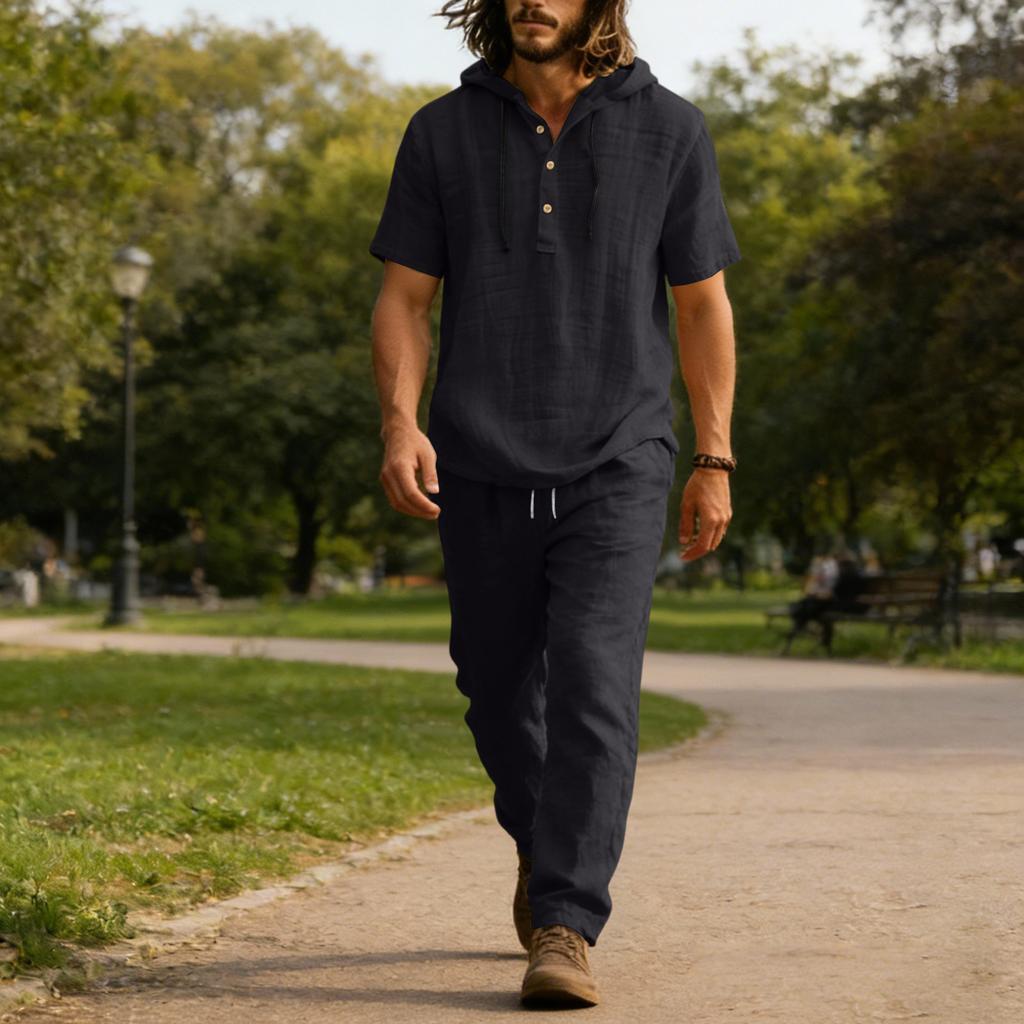 Men's Linen Casual Set , Button  Shirt Elastic Waist Drawstring Loose,Fit Pants Comfortable Two,Piece Set
