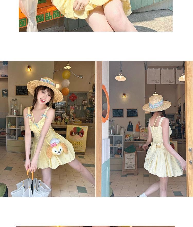 Dopamin Gelbes Gepunktetes Tulpenkleid: Kleiner, Süßer Urlaubsstil mit Taillenbetonendem Puffrock für Damen