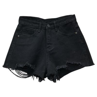 New Summer Korean Version of Loose Ripped High Waist Slimming A-line Crumb Trousers Black Denim Shorts for Women