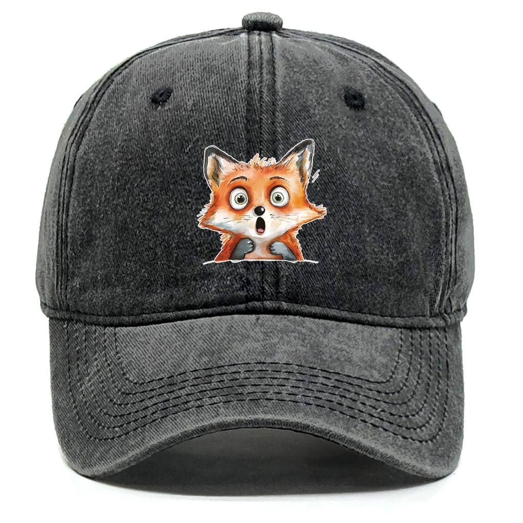 Cute Fox Print Snapback Sun Hat Big-eyed Fox Baseball Hat Washed Cotton Stylish Adjustable Baseball Cap Ideal Choice For Gifts
