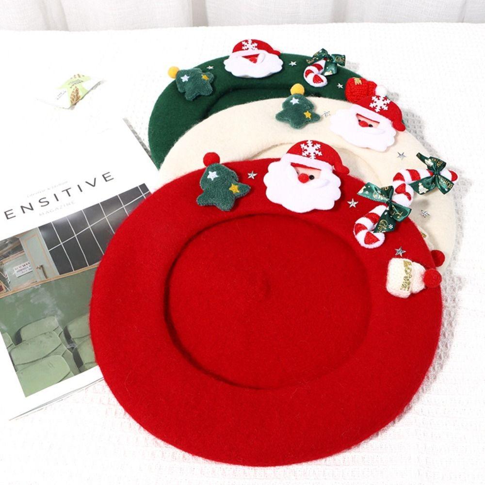 Red Green Color Christmas Beret Hat Wool Felt Material Winter Beret Hat For Women Girls