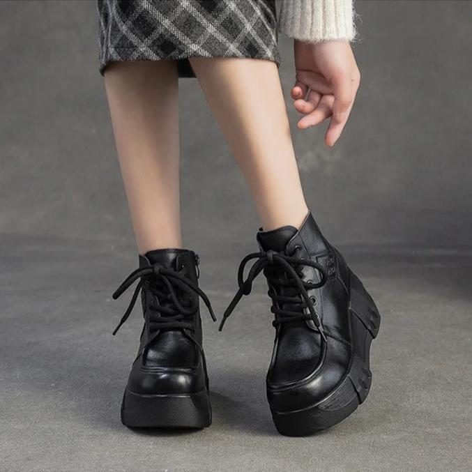 Johnature Retro Thick Sole Wedges Short Boots Genuine Leather Women's Height-increasing Shoes