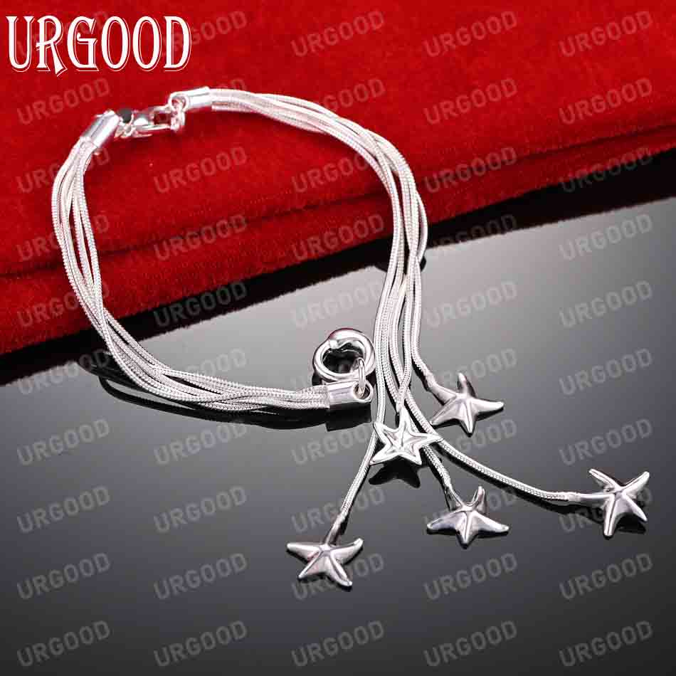 925 Sterling Silver Five Solid Starfish Chain Bracelet Fashion Wedding Jewelry