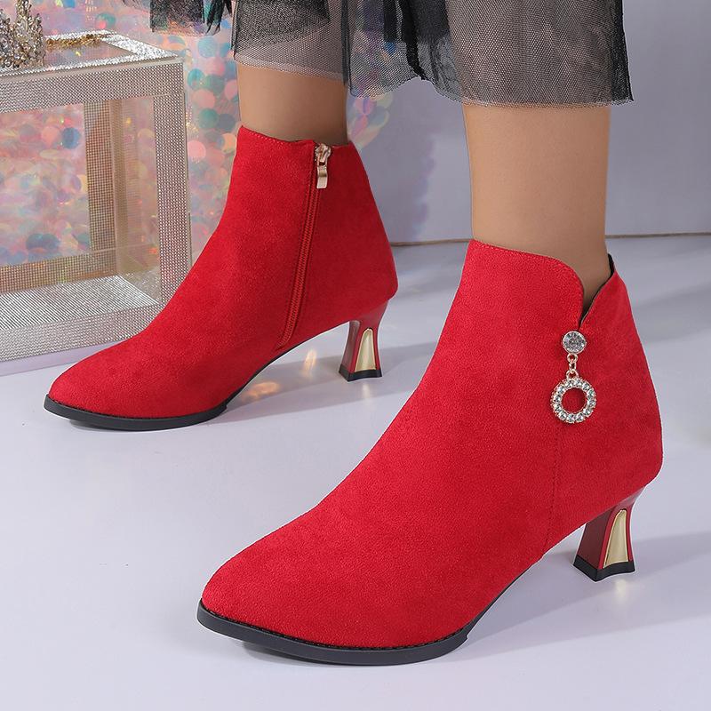 New thin-heeled mid-heeled pointed fleece boots and bare boots in autumn and winter, short tube, solid color high heel.