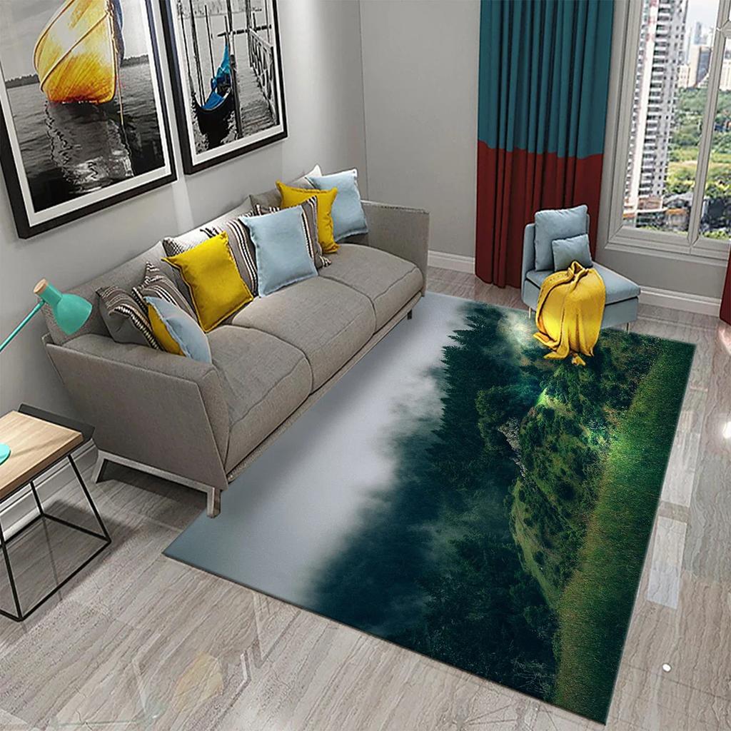 Smoky Forest Carpet Green Trees Mountain Rug Natural Scenery Rectangle Area Rugs Yoga Mats Bedroom Living Room Decor Door Mat