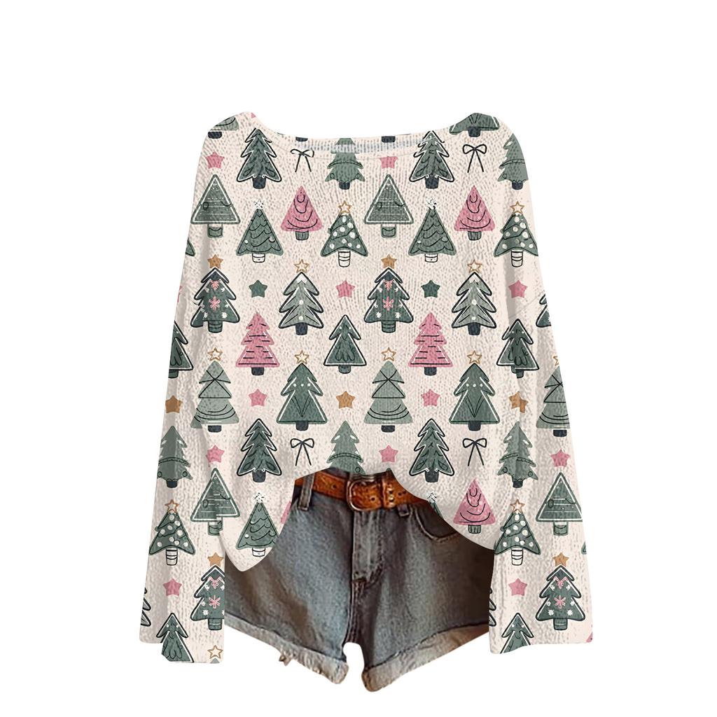 Women's Fashionable Oversized Knitwear Long-Sleeved Christmas Print Top