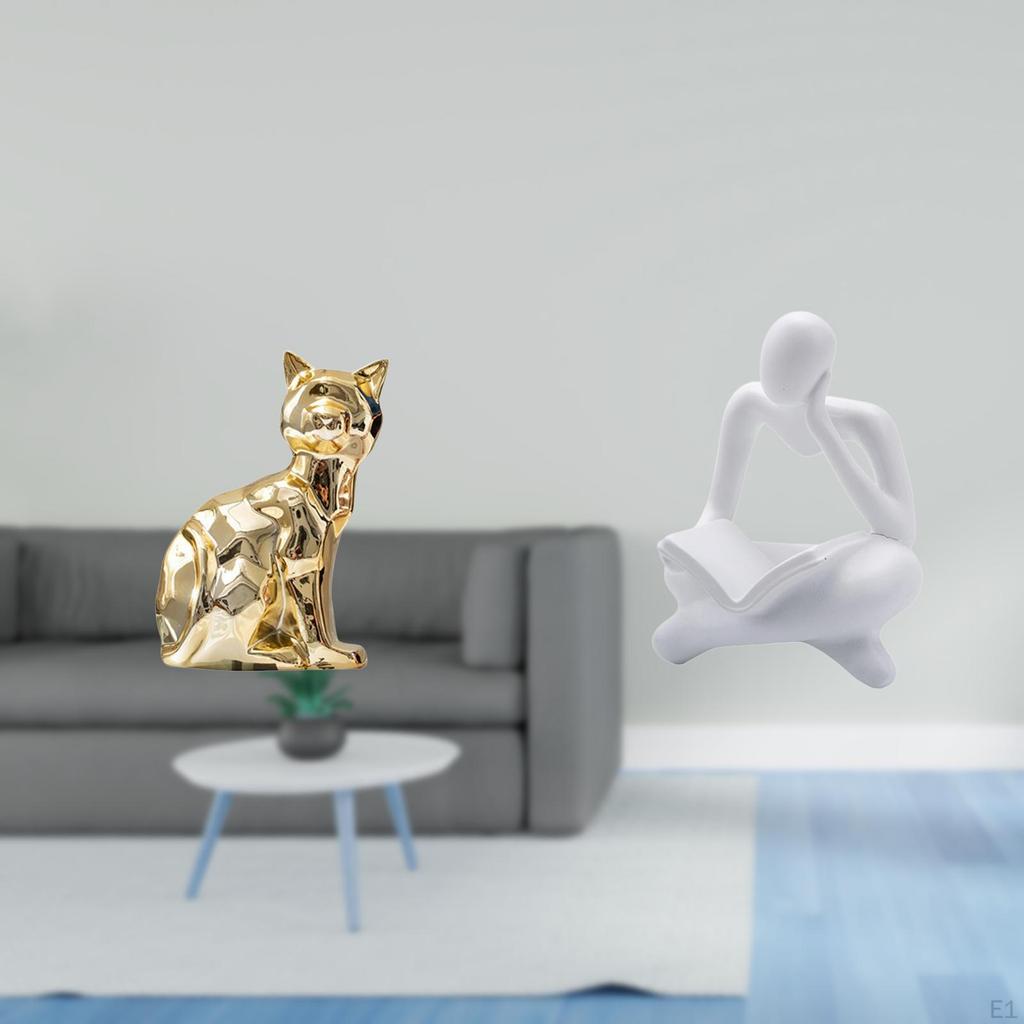 Cat Statue Decorative Figurine Animal Sculpture Art Craft Ornament Abstract Thinker Decoration for