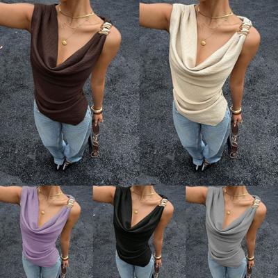 Womens Cowl Neck Sleeveless Blouse With Metal Button Shoulder Detail Casual Solid Color Tank Top