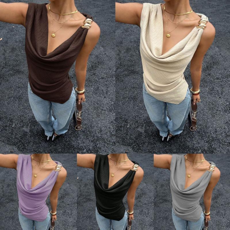 Womens Cowl Neck Sleeveless Blouse With Metal Button Shoulder Detail Casual Solid Color Tank Top