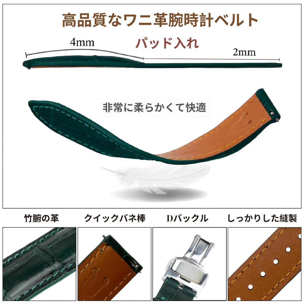 [vinacreations] 18mm Green Crocodile Watch Strap with D-Buckle, Men's Crocodile Replacement Watch Band with Quick-Release Spring Bars, Silver Wristban