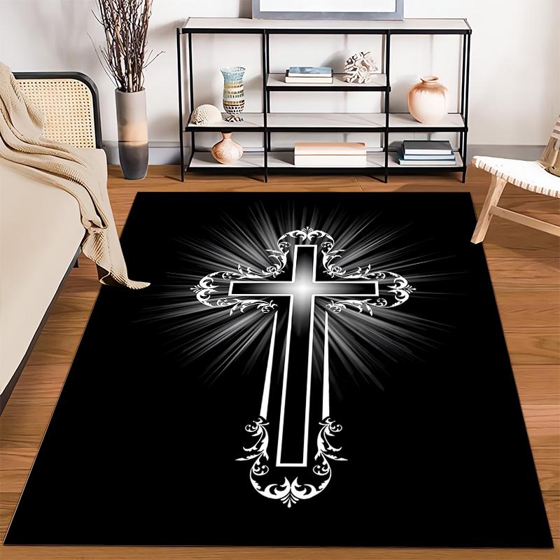 Elegant Cross with Radiant Floral Design Non-slip Rug Suitable for Living Room and Bedroom Sofas.