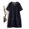 It Is Worth Guest Dresses At a Glance! Women Summer Pearl V-neck Pocket Style Washed Cotton Blue Dress Summer Welfare