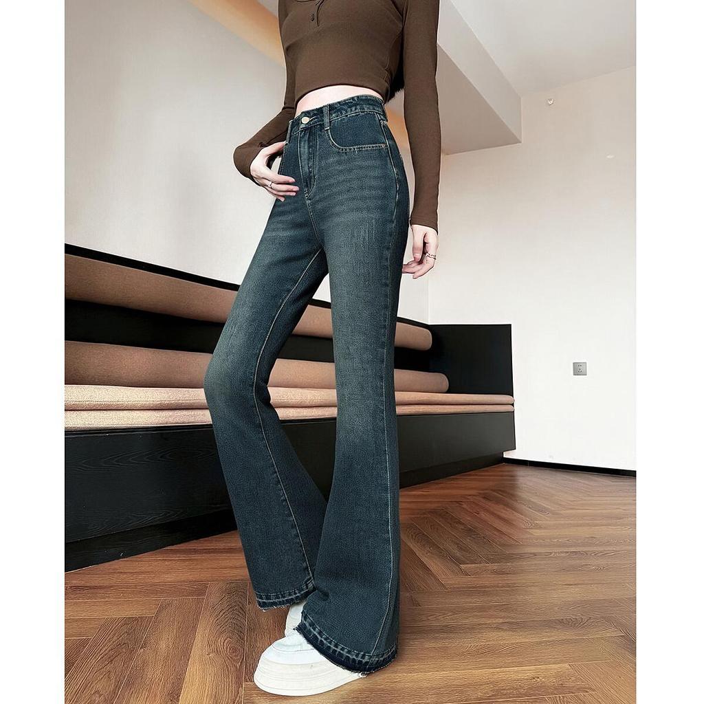 TonLion Autumn Winter Women's Slim Fit Frayed Hem Flared Denim Jeans