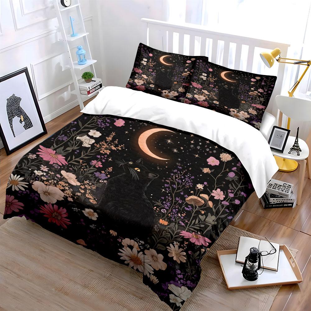 Crescent moon, black cat, flowers. Bedding sets Duvet cover sets Duvet covers Pillowcases(1 * Duvet Cover 2 * Pillowcases without duvet insert)
