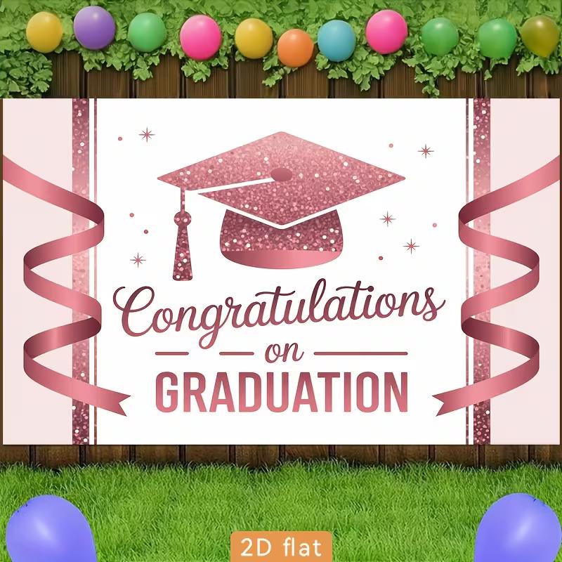 2D Graduation Party Backdrop Rose Gold Cap & Ribbon Background Cloth