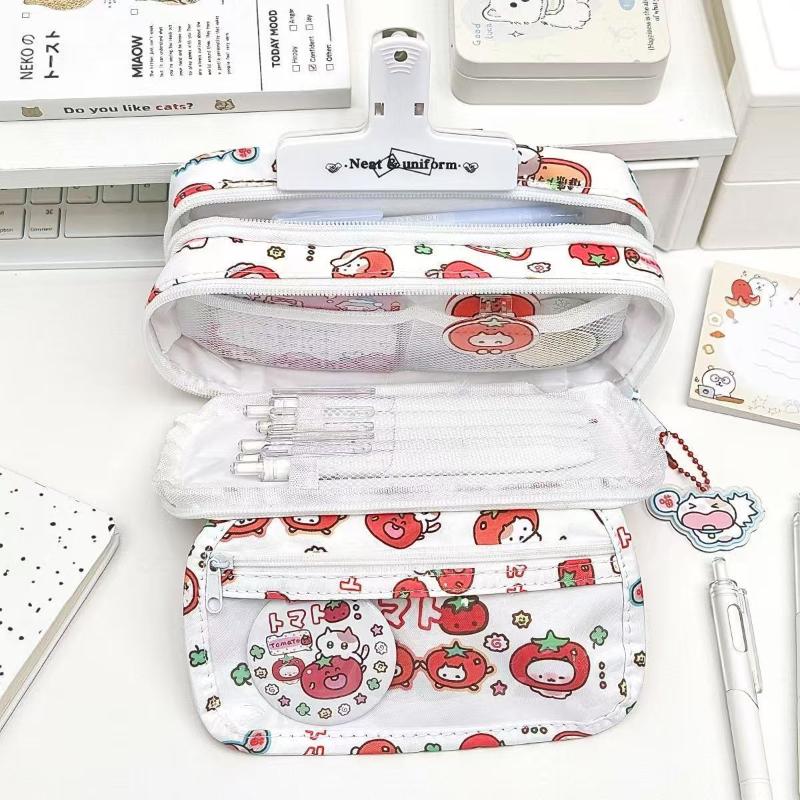 Cute Tomato Apple Cat Printed Pencil Bag Student Large Capacity Multi-Layer Stationery Storage Bag Gift