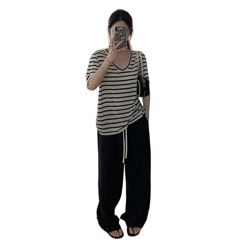 2026 Maternity Wear: Casual Striped Cotton Top & Loose Pants Set L