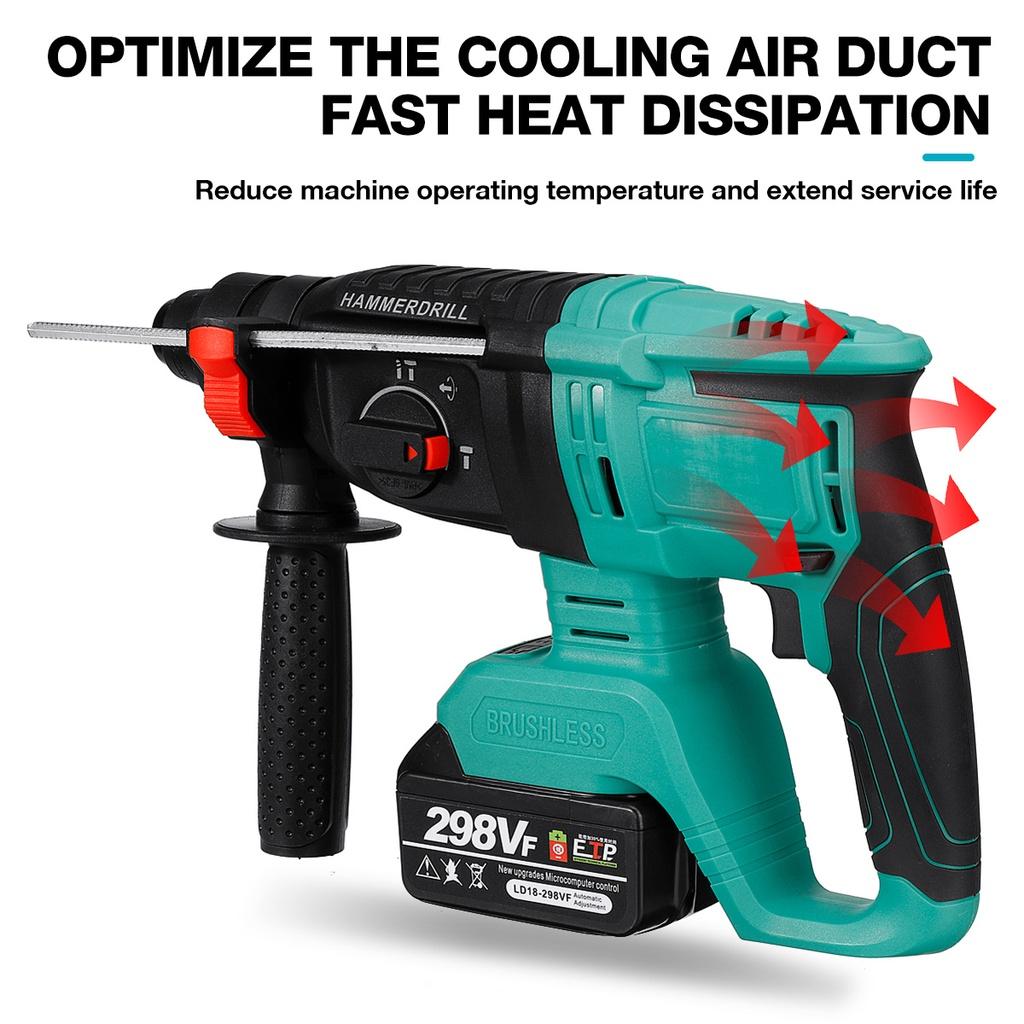 1400/min Brushless Cordless Rotary Hammer Drill 1/2 Batteries Rechargeable Electric Hammer Impact Drill for 18V Battery Green New 13.4x8.7""