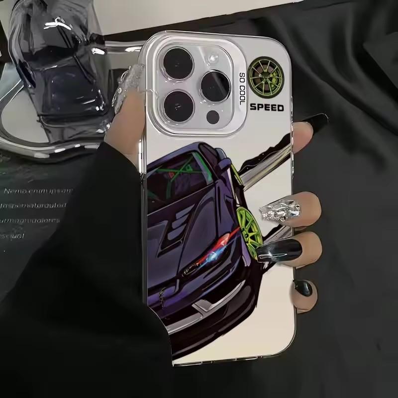 Fashionable car print anti-drop phone case for iPhone 16 13 14 11 12 15 plus 16 Pro Max X XR Xs colored silver IMD hard cover