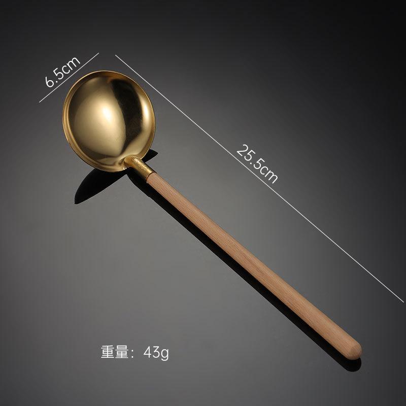 304 Stainless Steel Tableware Japanese Wooden Handle Soup Shell Colander Household Kitchen Gadgets Ramen Spoon Gold