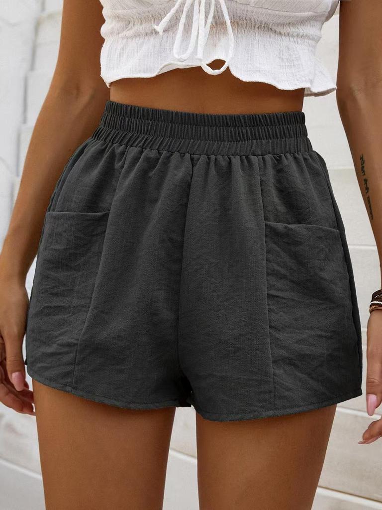 2025 Women's Fashion Elastic High Waist A-line Pocket Wide Leg Casual Cotton Linen Shorts
