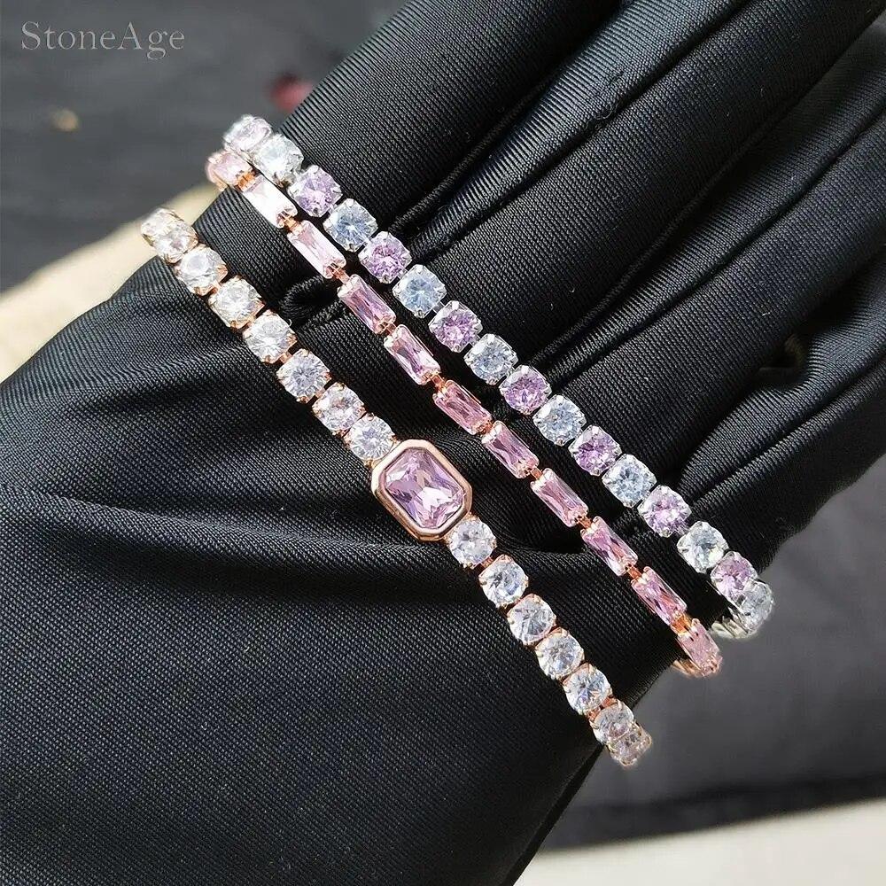 Pink Crystal Tennis Bracelets for Women Female Trend Romantic Shiny Zirconia Adjustable Folding Buckle Chain On Hand Jewelry