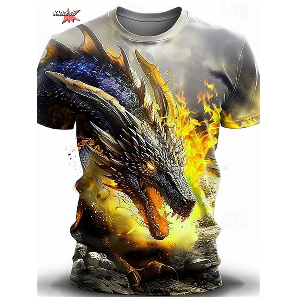 Summer Wolf Fire Dragon Printed Men's T-shirt Men's Printed Fashion Festival Round Neck Men's Short Sleeve Outdoor Street Casual T-shirt