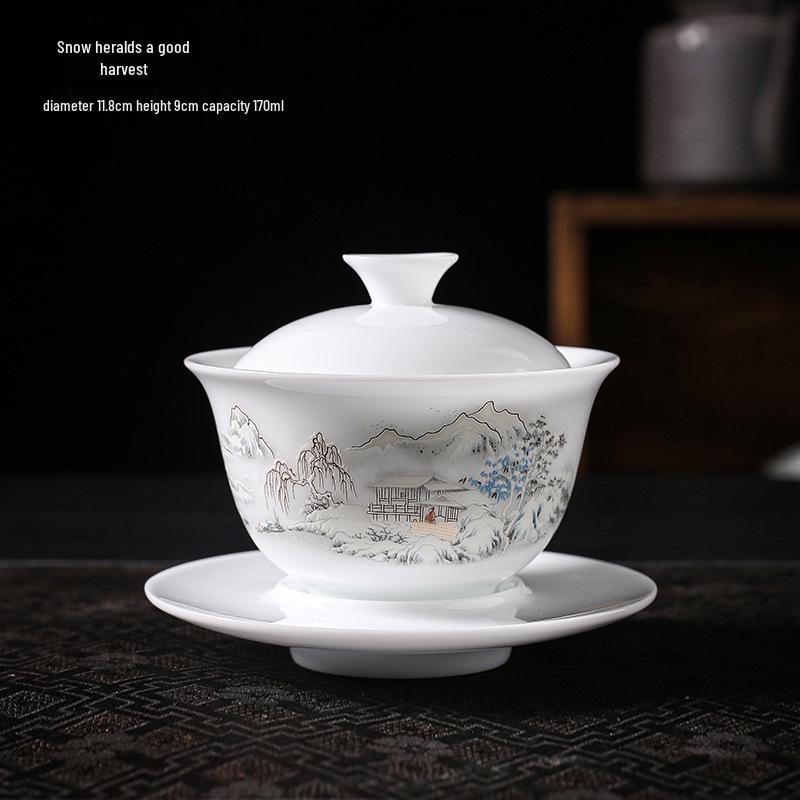 Ice Type White Porcelain Yuanbao Gaiwan Tea Set - Large Peony Flower Design