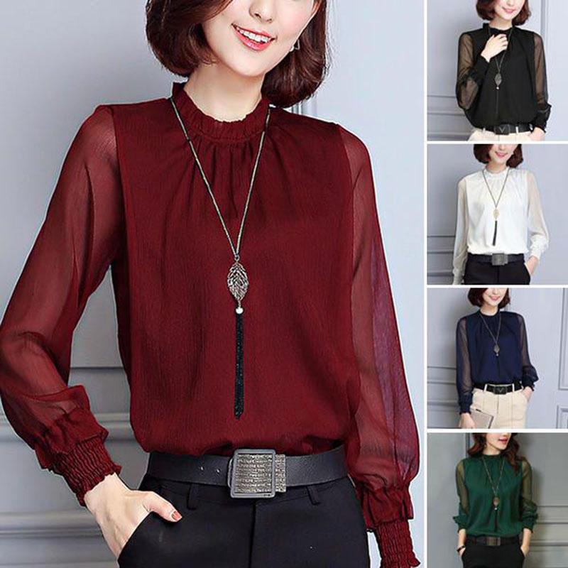 Womens Spring Chiffon Shirt With Lace Vneck And Long Sleeves For Casual Daily Wear