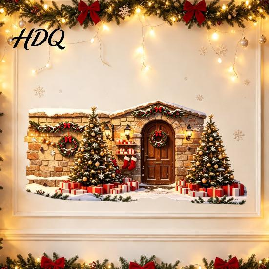 Winter Scene Wall Decals Christmas Snow House Sticker Removable Self-Adhesive Sticker Decal PVC Waterproof Decorative Decal for Holiday Party