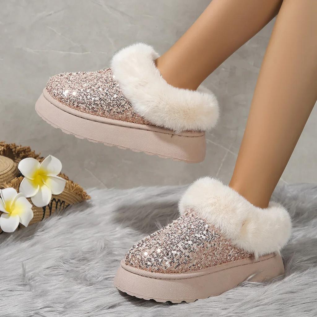 Fashion 2024 Autumn and Winter New Women's Thick Bottom Thick Plush Snow Boots Anti slip Waterproof Glitter Cotton Boots
