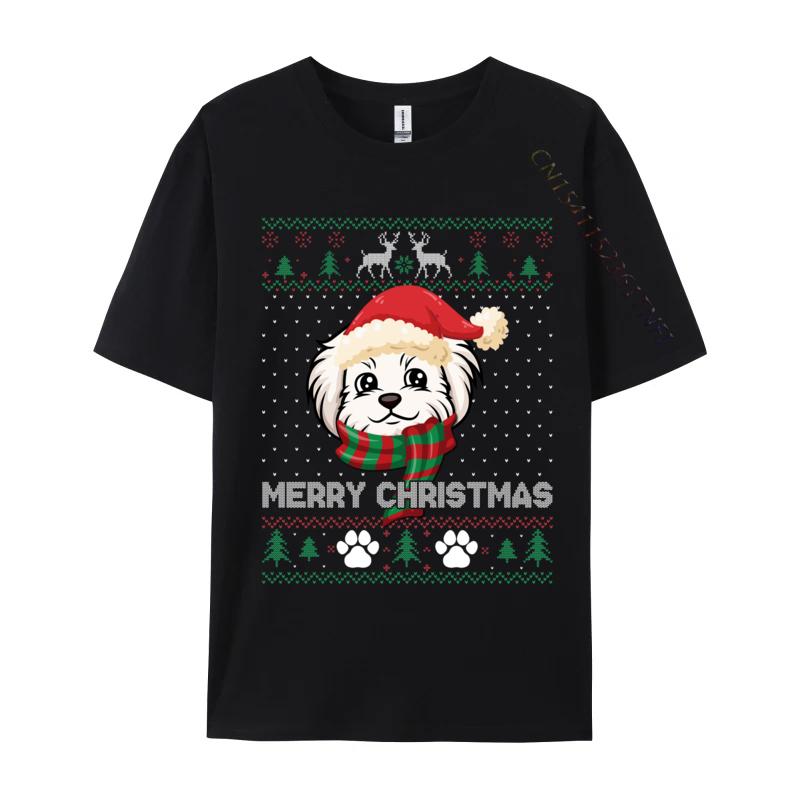 Merry Christmas Ugly Xmas Shirt Dog Santa Hat Maltese Lover TShirt Printing Short Sleeve Cotton Fabric ONeck Unisexs Tops Shirt